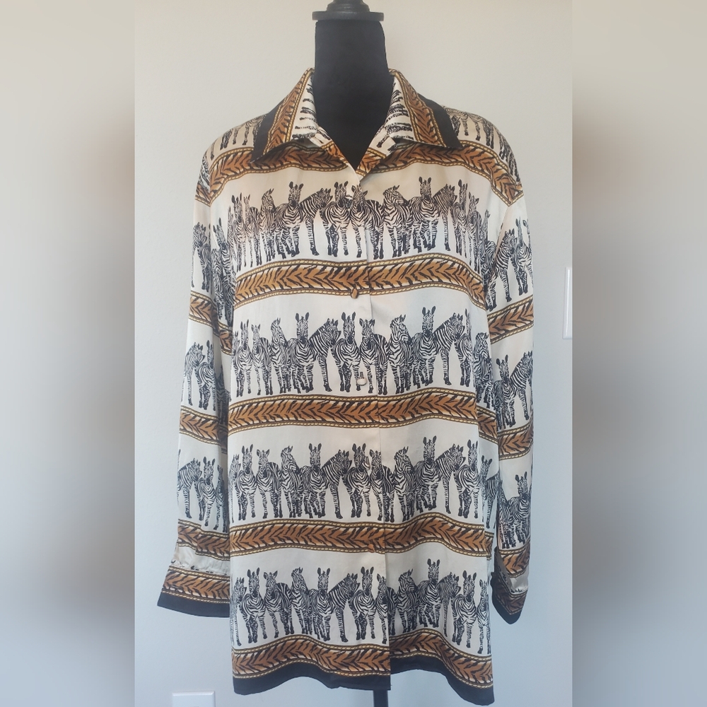 Jessica Holbrook Silk Zebra Print Long Sleeve Blouse - Vintage